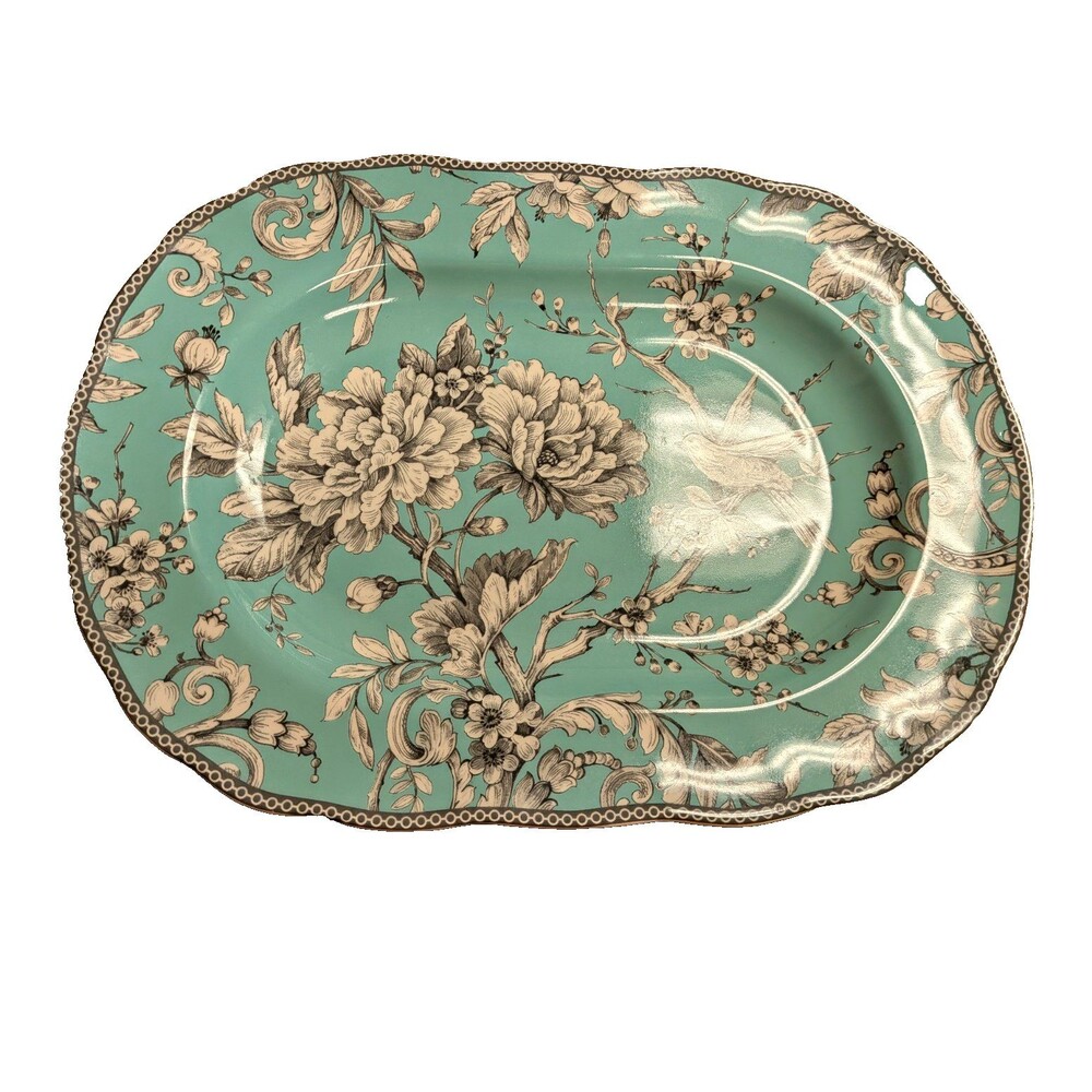 222 Fifth Adelaide Floral Turquoise Porcelain Oval Platter 14 x 10 in
